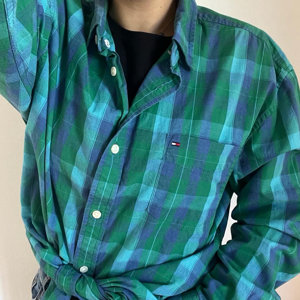 Camicia manica lunga Tommy Hilfiger verde blu e azzurra taglia XL