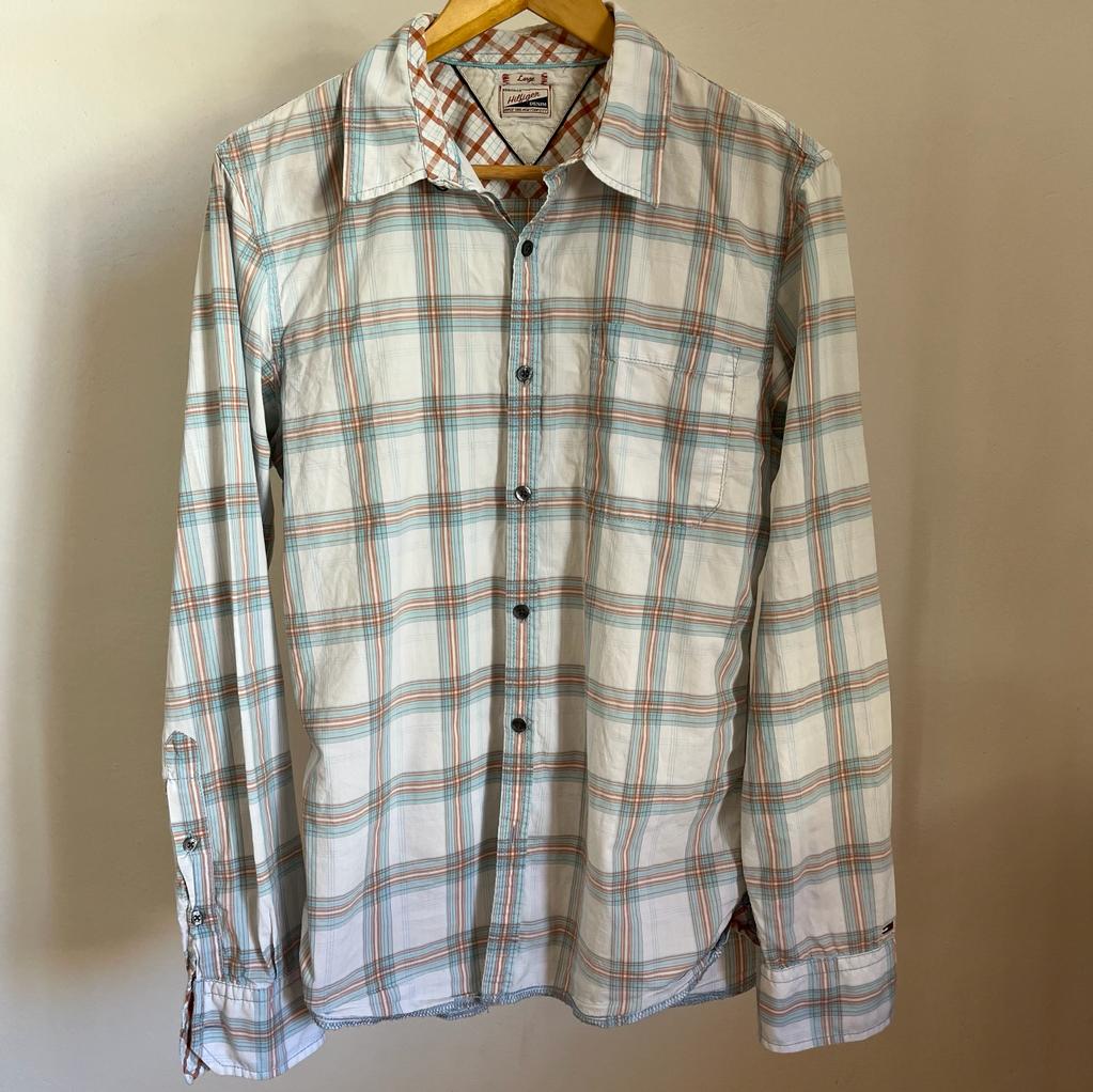 Camicia manica lunga Tommy Hilfiger bianca azzurra e arancione taglia L