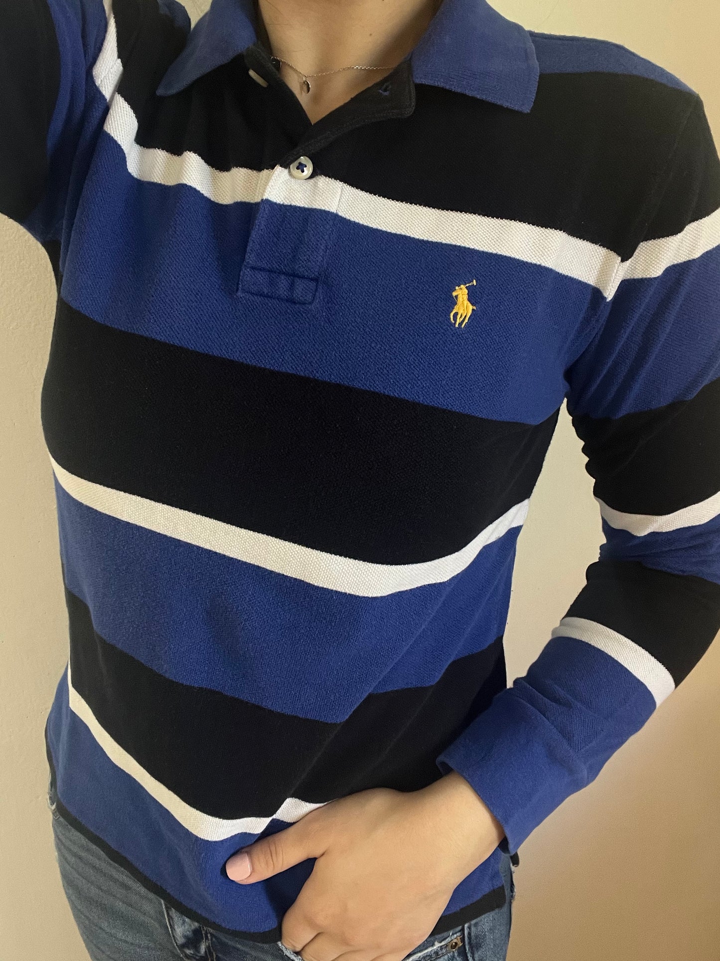 Polo manica lunga Ralph Lauren blu nera e bianca taglia M