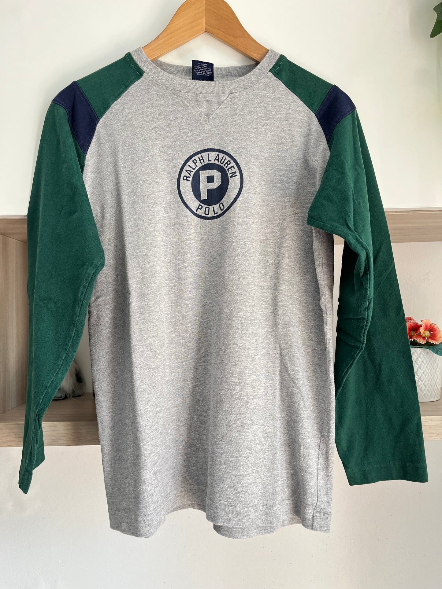 T-Shirt manica lunga Ralph Lauren grigia verde e blu taglia L